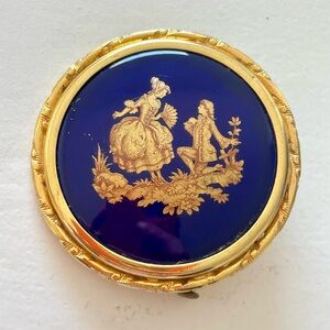 Vintage Limoges Castel France Courting Couple Cobalt Blue  Porcelain  Brooch